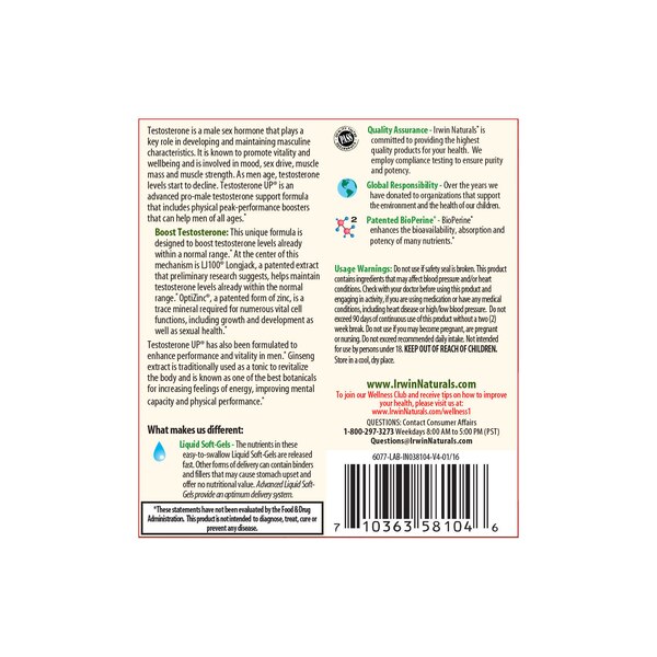Irwin Naturals Testosterone Up plus BioPerine Softgels, 60 CT