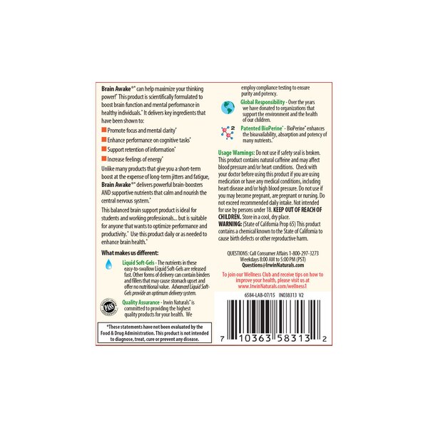 Irwin Naturals Brain Awake plus BioPerine Softgels, 60 CT