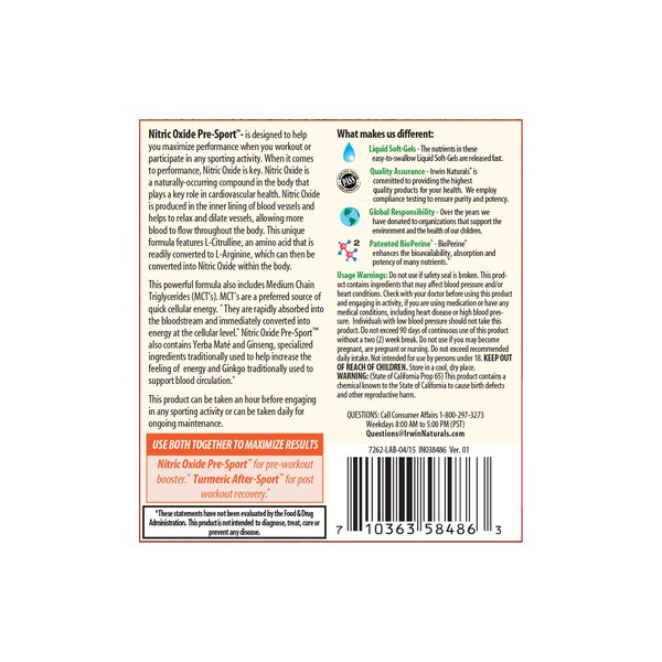 Irwin Naturals Nitric Oxide Pre-Sport plus BioPerine Softgels, 60 CT