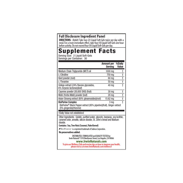 Irwin Naturals Nitric Oxide Pre-Sport plus BioPerine Softgels, 60 CT