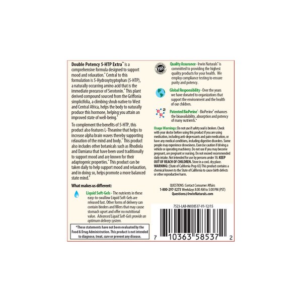 Irwin Naturals Double Potency 5-HTP Extra plus BioPerine Softgels, 60 CT