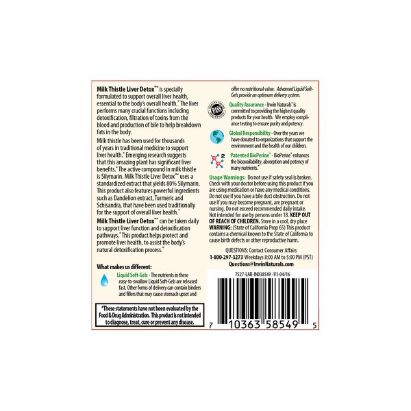 Irwin Naturals Milk Thistle Liver Detox plus BioPerine Softgels, 60 CT