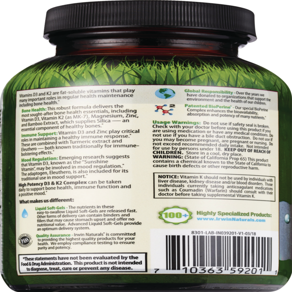 Irwin Naturals D3 & K2 Complex Liquid Soft-Gels, 60 CT