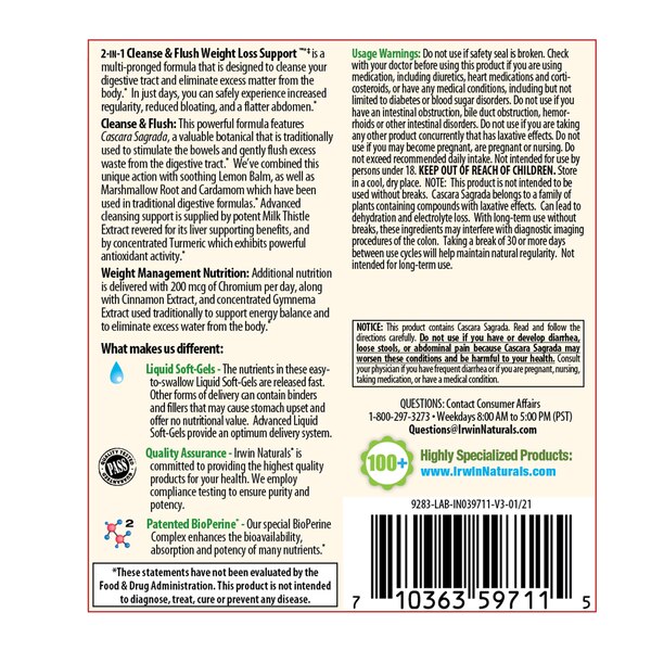Irwin Naturals 2-in-1 Cleanse & Flush Weight Loss Support Liquid Soft Gels, 60 CT