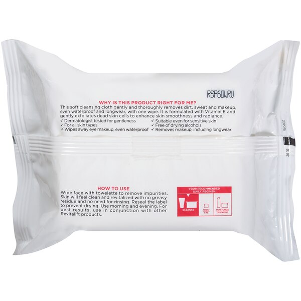 L'Oreal Paris RevitaLift Radiant Smoothing Wet Cleansing Towelettes, 30/Pack