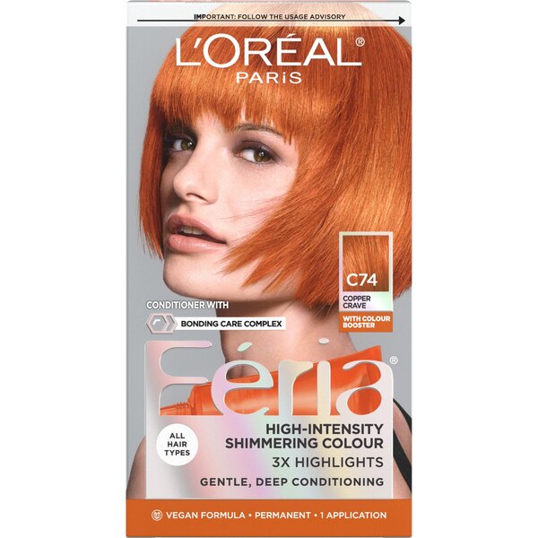 L'Oreal Paris Feria Multi-Faceted Shimmering Permanent Hair Color, C74 Copper Crave
