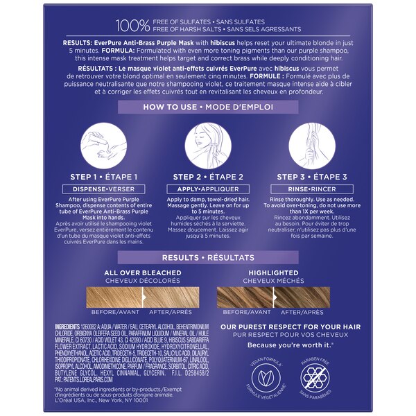 L'Oreal Paris EverPure Sulfate Free Anti Brass Purple Single Use Hair Mask, 3 CT