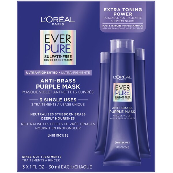 L'Oreal Paris EverPure Sulfate Free Anti Brass Purple Single Use Hair Mask, 3 CT