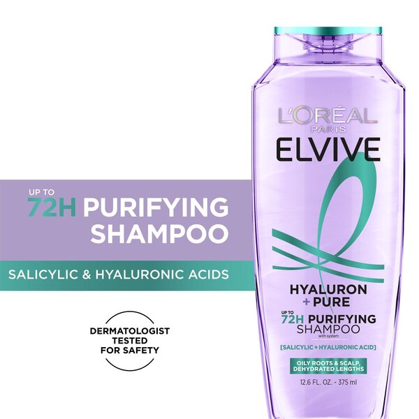 L'Oreal Paris Elvive Hyaluron + Pure 72H Purifying Shampoo for Oily Hair, 12.6 OZ