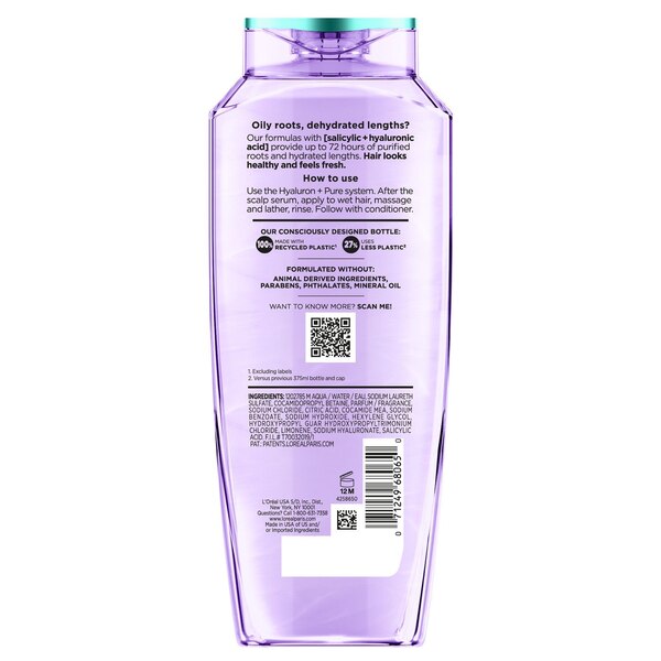 L'Oreal Paris Elvive Hyaluron + Pure 72H Purifying Shampoo for Oily Hair, 12.6 OZ