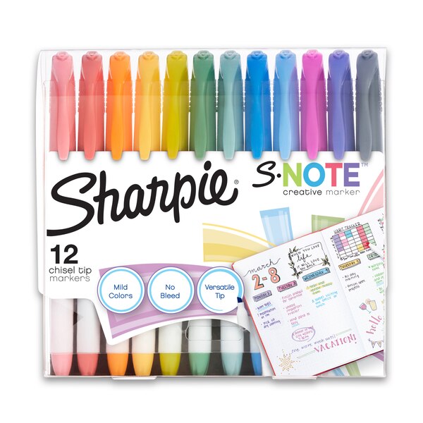 Sharpie S-Note Chisel Tip Markers, Assorted Colors, 12 ct