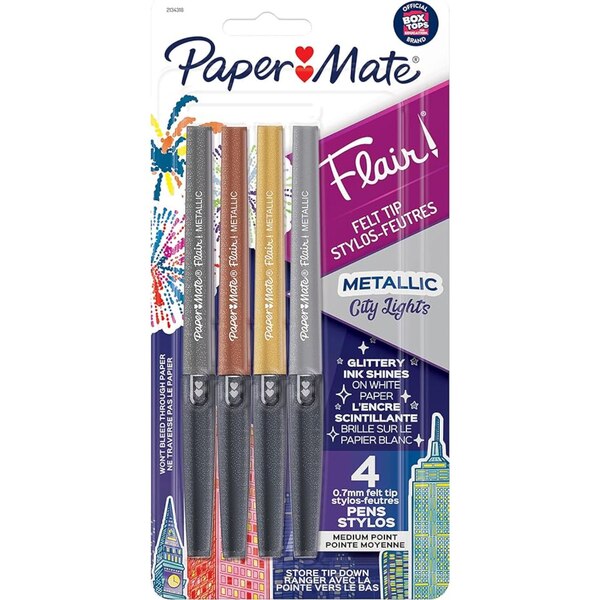 Paper Mate Flair! Felt Tip Pens (0.7 mm), Metallic City Lights, 4 ct