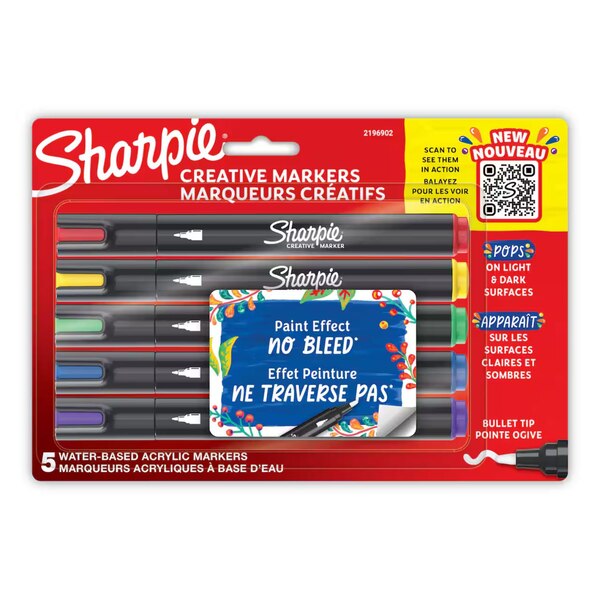 Sharpie Creative Water-Based Acrylic Markers, Bullet Tip Point, 5 ct