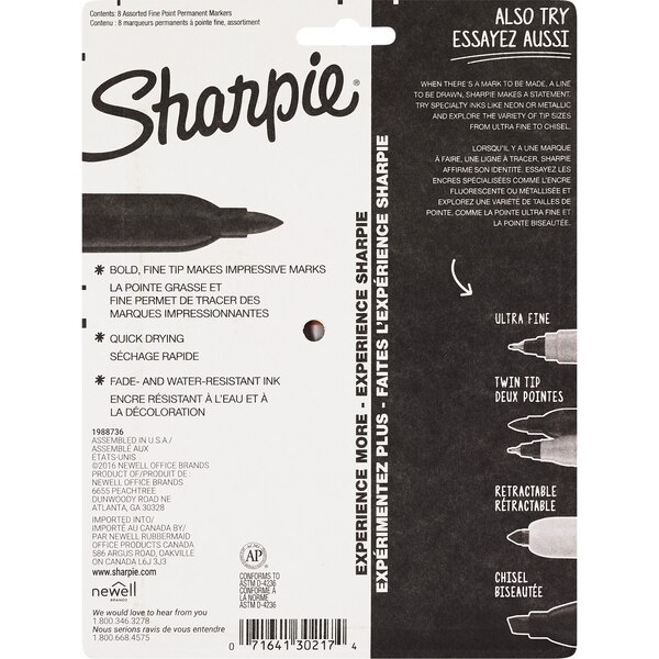 Sharpie Permanent Markers Fine Point, Assorted Colors, 8 ct