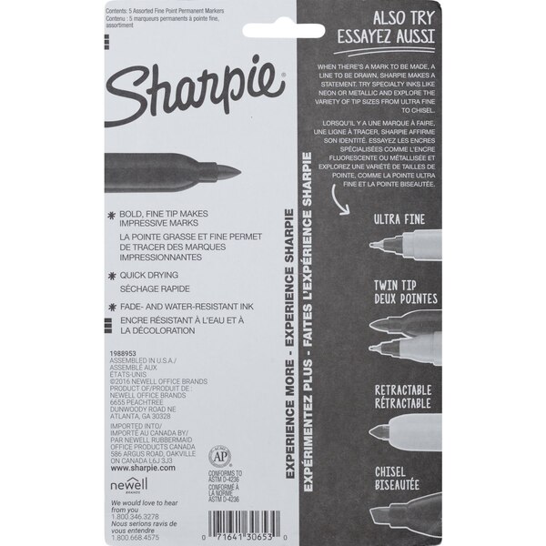 Sharpie Fine Tip Markers, Assorted Colors, 5 ct
