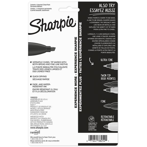 Sharpie Chisel Tip Markers, Assorted Colors, 4 ct