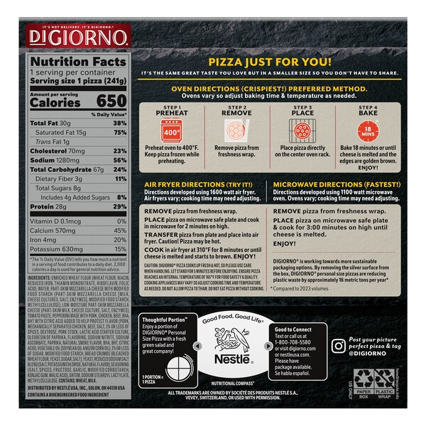 DIGIORNO, Frozen Pizza, Pepperoni Pizza on a Stuffed Pizza Crust, Personal Pizza, 8.5 oz