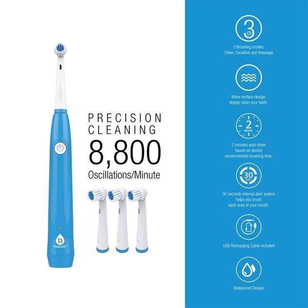 Pursonic Electric Toothbrush and 3 Brush Head Attachments