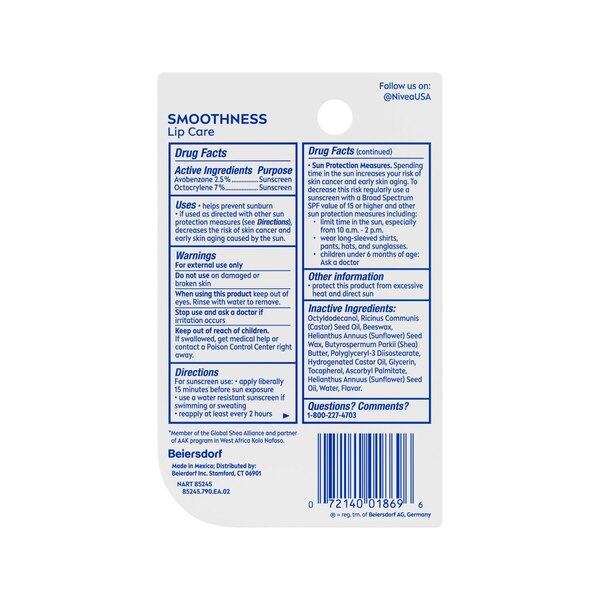 NIVEA Smoothness Lip Care with Broad Spectrum SPF 15 Sunscreen, 2 CT