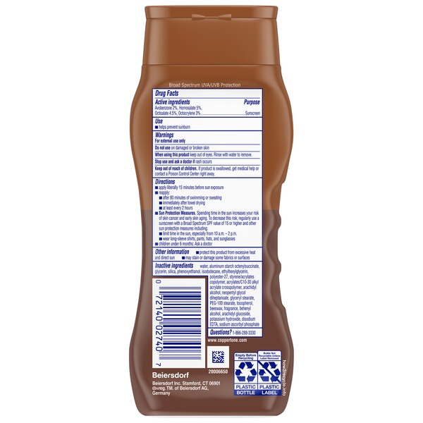 Coppertone Tanning Defend & Glow - Loción de protección solar de amplio espectro con vitamina E, FPS 15, 8 oz