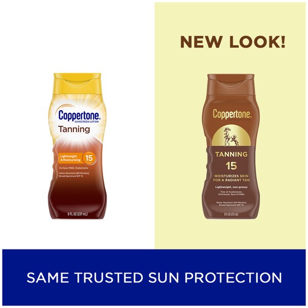 Coppertone Tanning Defend & Glow - Loción de protección solar de amplio espectro con vitamina E, FPS 15, 8 oz