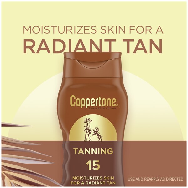 Coppertone Tanning Defend & Glow - Loción de protección solar de amplio espectro con vitamina E, FPS 15, 8 oz