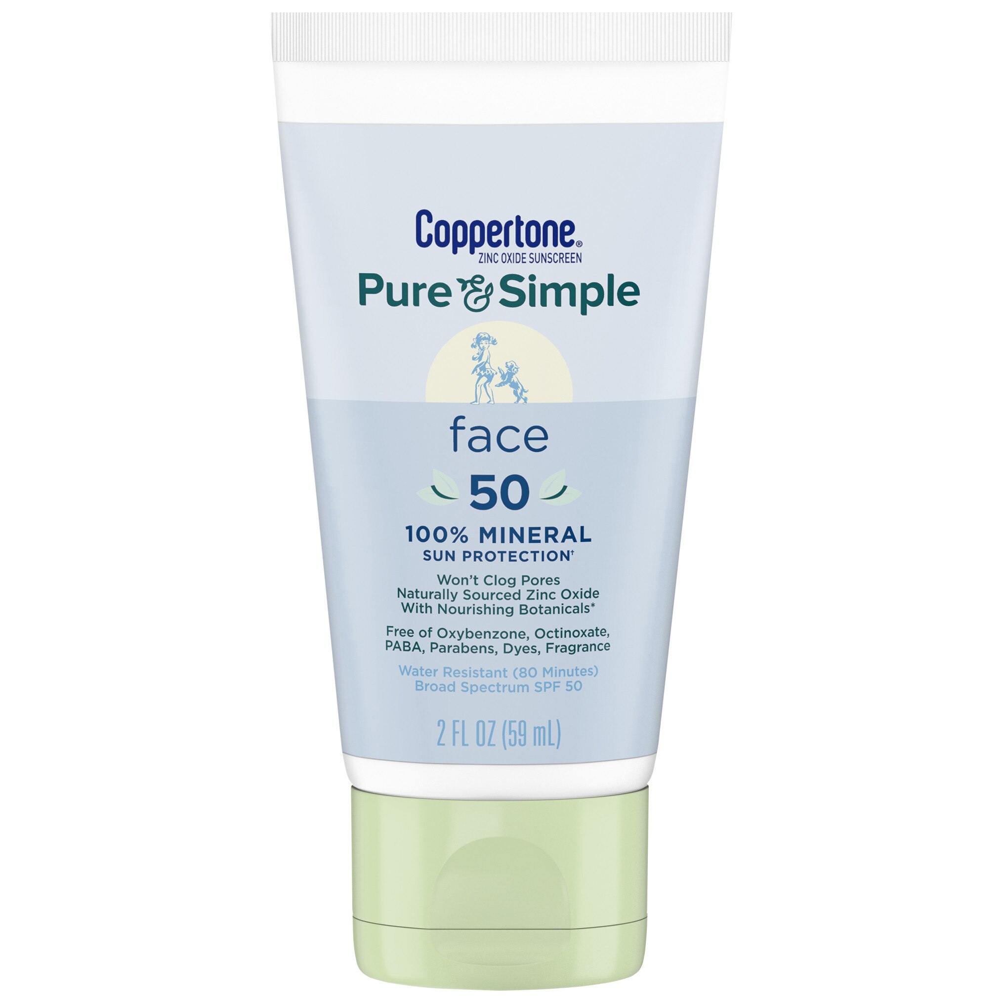 Coppertone Pure and Simple SPF 50 Broad Spectrum Face Sunscreen Lotion with Zinc Oxide, 2 OZ