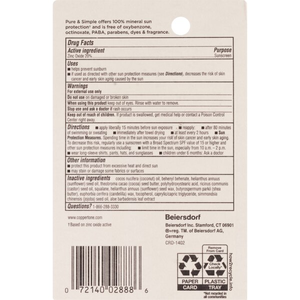 Coppertone Travel Size Pure & Simple Zinc Oxide SPF 50 Mineral Sunscreen, 0.49 OZ