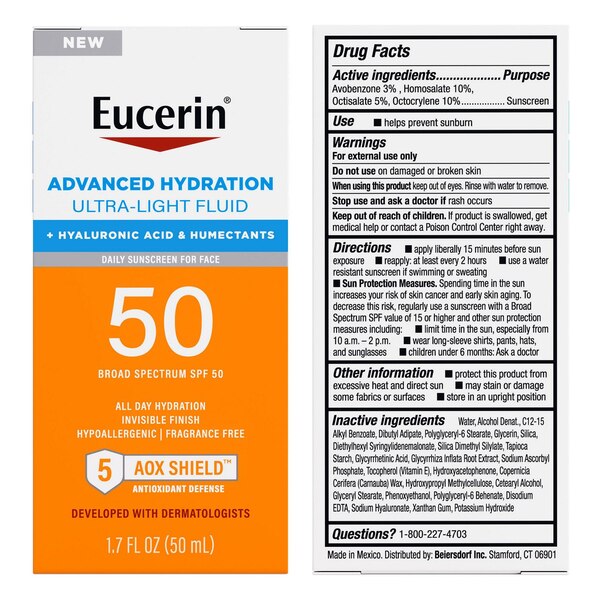 Eucerin Sun Advanced Hydration Ultra-Light Fluid with Hyaluronic Acid & Humectants, Broad Spectrum SPF 50