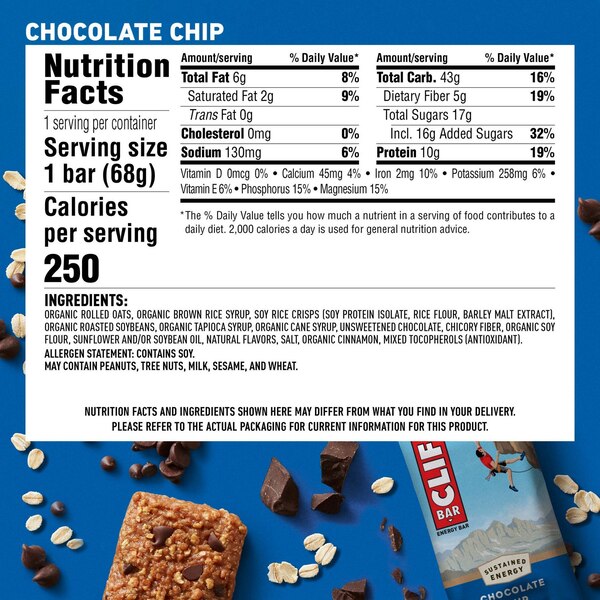 Clif Bar Energy Bar, Chocolate Chip, 10 ct, 2.4 oz