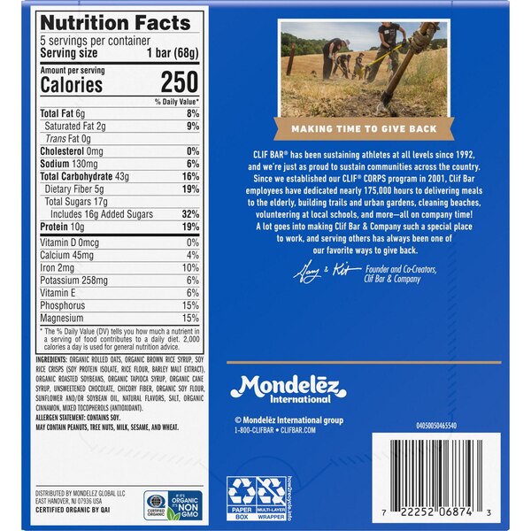Clif Bar, Chocolate Chip, Energy Bar, Non-GMO, Plant Based Protein Bar, 5 ct, 2.4 oz