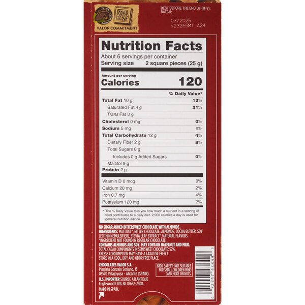 Valor Dark Chocolate Bar With Almonds, No Added Sugar, 5.3 OZ