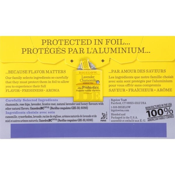 Bigelow Lavender Chamomile Herbal Tea with Probiotics, 18 ct