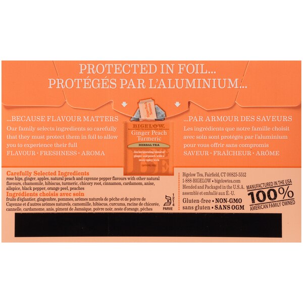 Bigelow Ginger Peach Turmeric Tea Bags, Caffeine Free, 18 ct, 0.98 oz