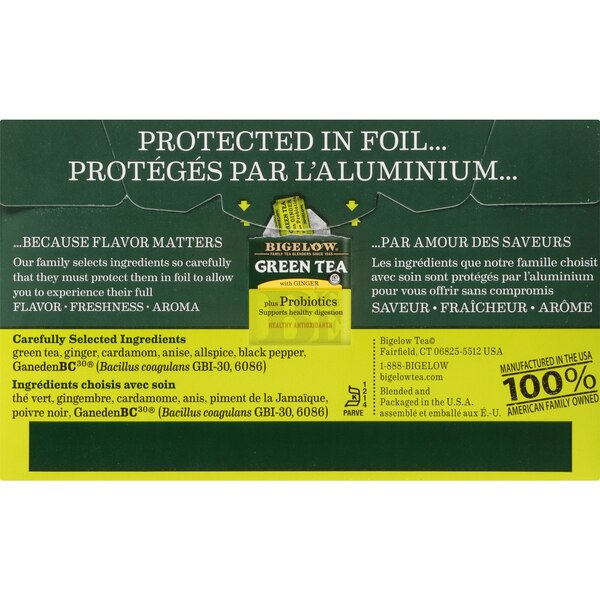 Bigelow Green Tea with Ginger plus Probiotics, Tea Bags, 18 ct, 0.9 oz