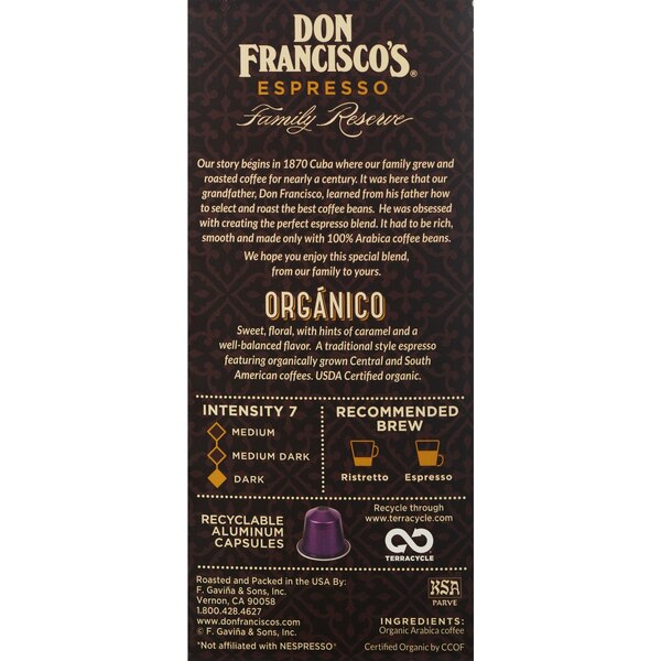 Don Francisco’s Organico Aluminum Espresso Capsules, Medium Dark, 10 CT