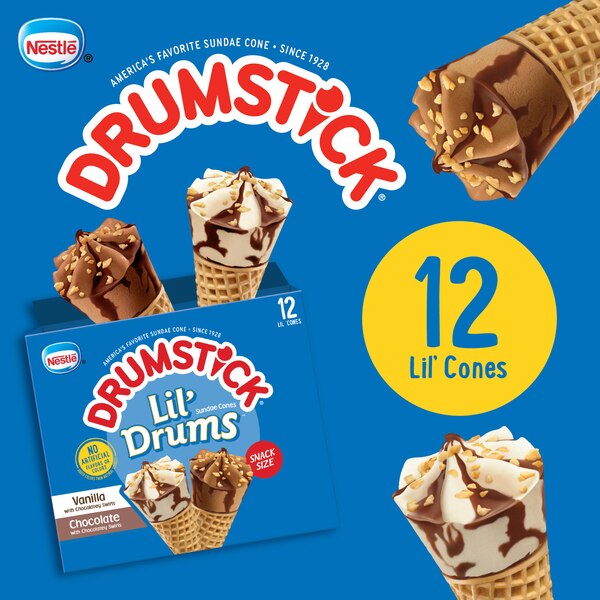 Drumstick Lil' Drums Vanilla and Chocolate with Chocolatey Swirls Sundae Cones, 12 Count