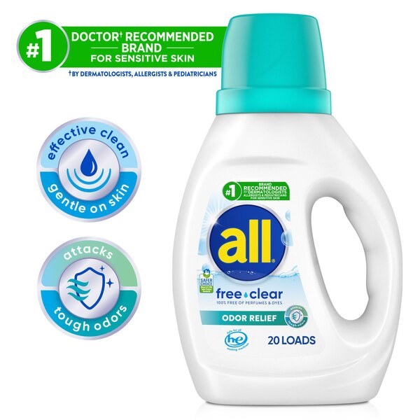 all Liquid Laundry Detergent, Free Clear + Odor Relief, 30 oz