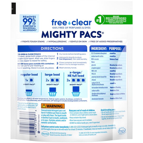 all Mighty Pacs Laundry Detergent, Free Clear for Sensitive Skin, 19 ct