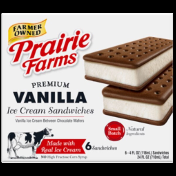 Prairie Farms, Sandwich Vanilla Ice Cream Sandwiches, 6 ct, 24 oz