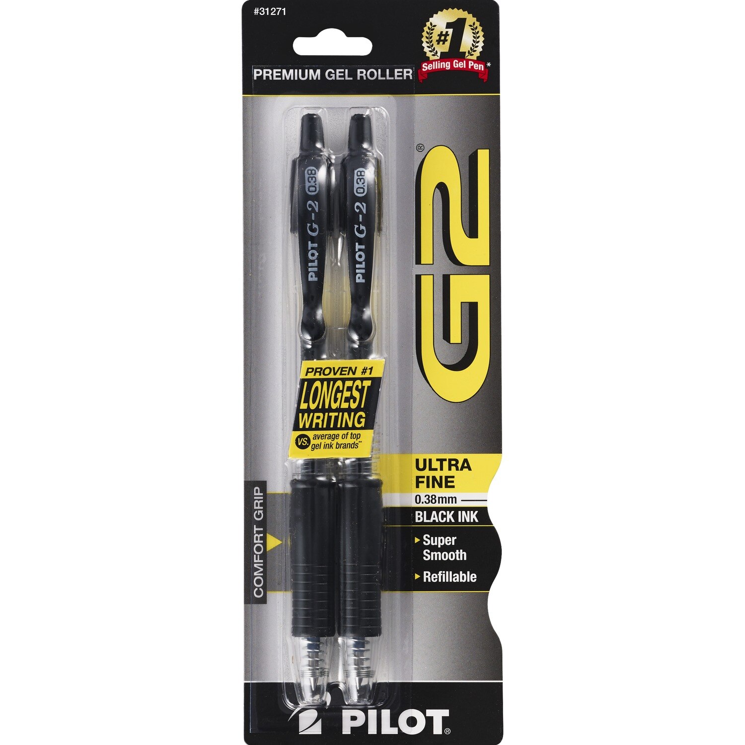 Pilot G2 - Bolígrafo retráctil de gel con agarre de goma, punta ultrafina, tinta negra
