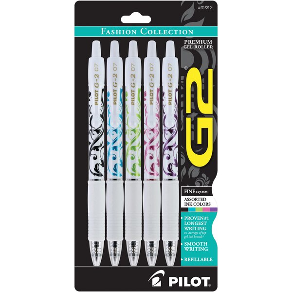 Pilot G2 Premium Gel Ink Pen, Fashion White Collection, Fine Point, Assorted Colors, 5 CT