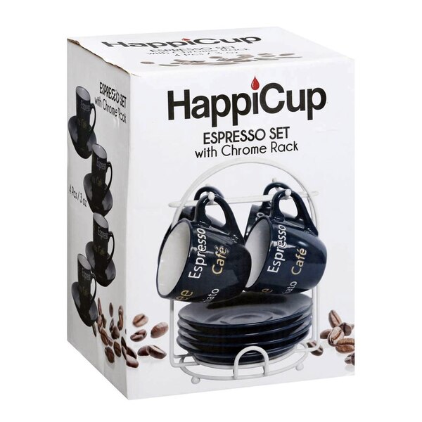 Happicup 4-Piece Espresso Cups and Saucers Set with Chrome Rack, 3 OZ-Capacity