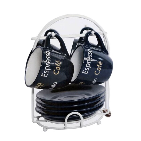 Happicup 4-Piece Espresso Cups and Saucers Set with Chrome Rack, 3 OZ-Capacity