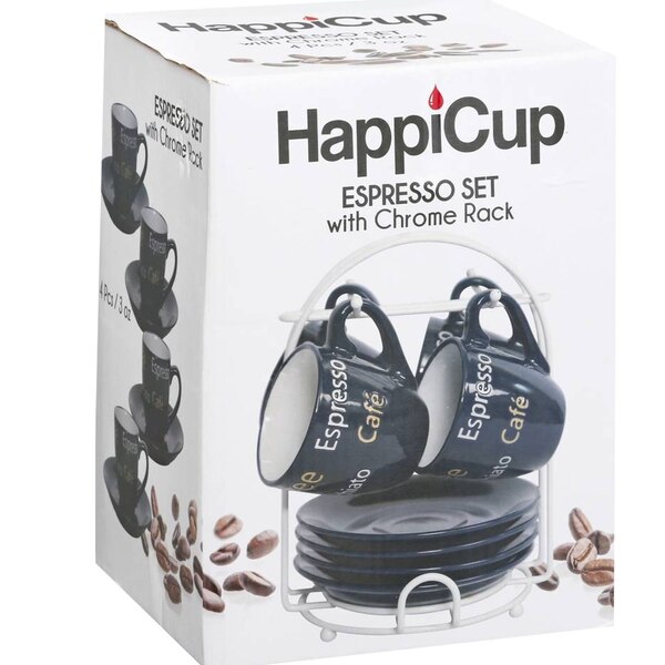 Happicup 4-Piece Espresso Cups and Saucers Set with Chrome Rack, 3 OZ-Capacity