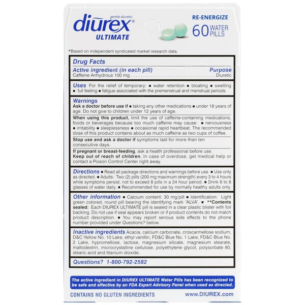 Diurex Ultimate Water - Píldoras diuréticas para bajar de peso, 60 u.
