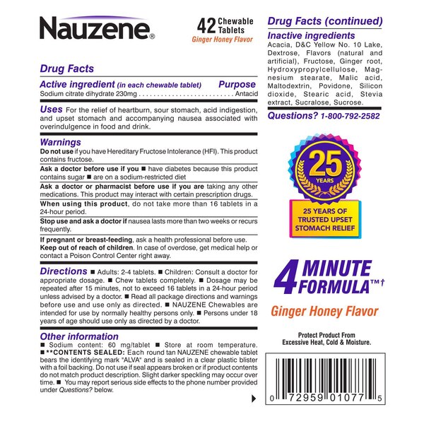 Nauzene Ginger Honey Chewables 42ct. Sodium Citrate Dihydrate (230 mg) Chewables