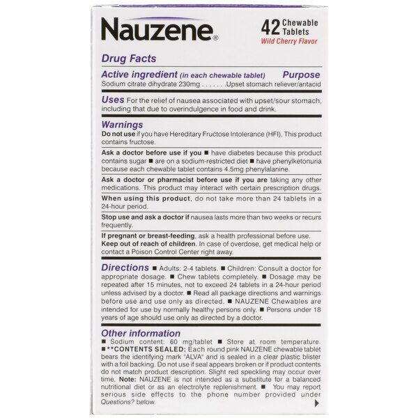 Nauzene Upset Stomach and Nausea Relief Chewable Tablets, Wild Cherry, 42 CT