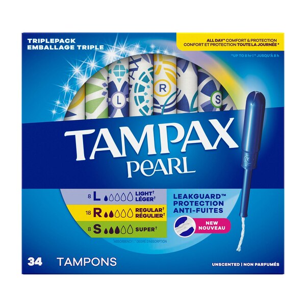 Tampones Tampax Pearl con LeakGuard Braid, sin fragancia, Light/Regular/Super