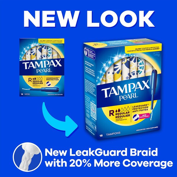 Tampones Tampax Pearl con LeakGuard Braid, sin fragancia, Light/Regular/Super
